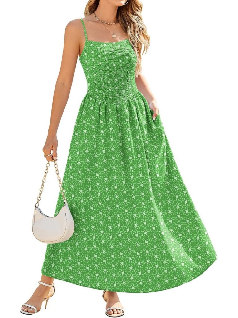 Women's Dress Maxi Green Polyester A Line Smocked Spaghetti Straps Sundress